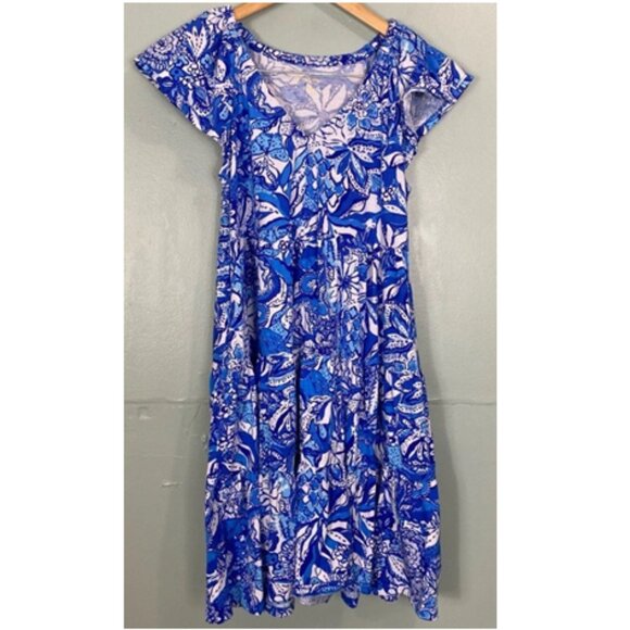 Lilly Pulitzer XL Kawai Flutter Sleeved Blue Tang Flocking Fabulous POCKETS - Picture 2 of 5